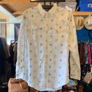 Ely Cattleman Western Pearlsnap White and Blue Aztec Shirt